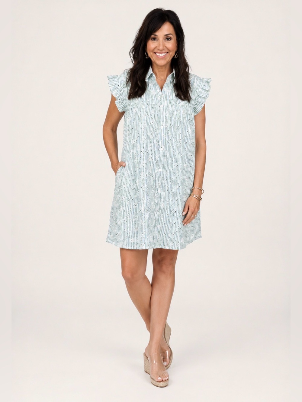 Avara Light Blue Printed Ruffle Sleeve Mini Dress -NWT, Small (Runs Big)
